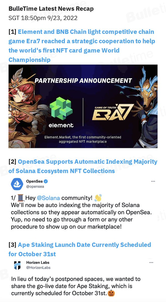 bulletimexyz's tweet photo. 🔥Latest News Highlights🔥
1⃣️OpenSea Supports Automatic Indexing Majority of Solana Ecosystem NFT Collections.
2⃣️Web3 Social Network DeSo Integrates with MetaMask.
Full Recap: 👉https://t.co/ylNhjBLIXh
#Bulletime #web3 #nft https://t.co/RhQHvbYiVD