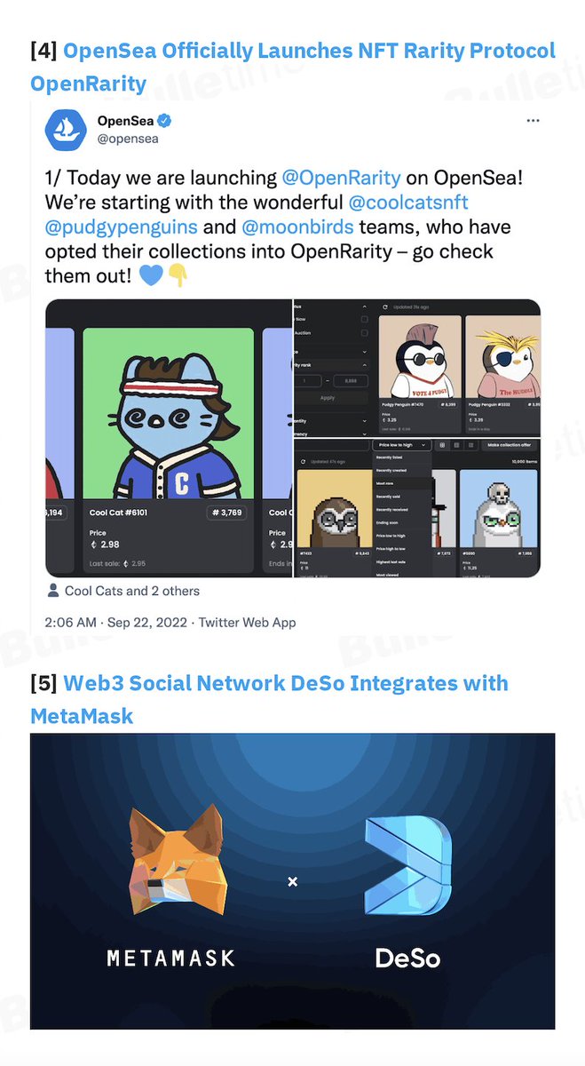 bulletimexyz's tweet photo. 🔥Latest News Highlights🔥
1⃣️OpenSea Supports Automatic Indexing Majority of Solana Ecosystem NFT Collections.
2⃣️Web3 Social Network DeSo Integrates with MetaMask.
Full Recap: 👉https://t.co/ylNhjBLIXh
#Bulletime #web3 #nft https://t.co/RhQHvbYiVD