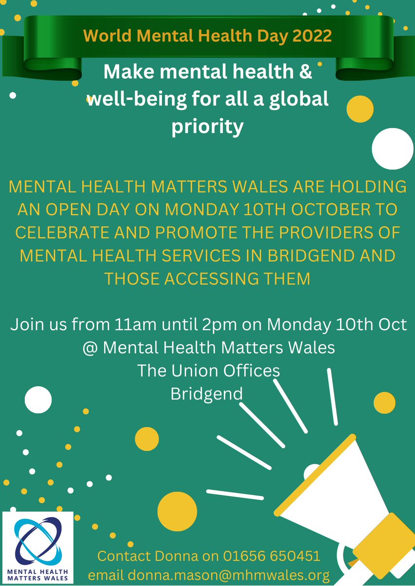 #WMHD2022 Is fast approaching. <a href="/MHMWales/">MHM Wales</a> will be holding an open access open day #MentalHealthMatters #mentalhealth #Wellbeing #wellness <a href="/WMHDay/">WorldMentalHealthDay</a>  #please #retweet #teamworkmakesthedreamwork