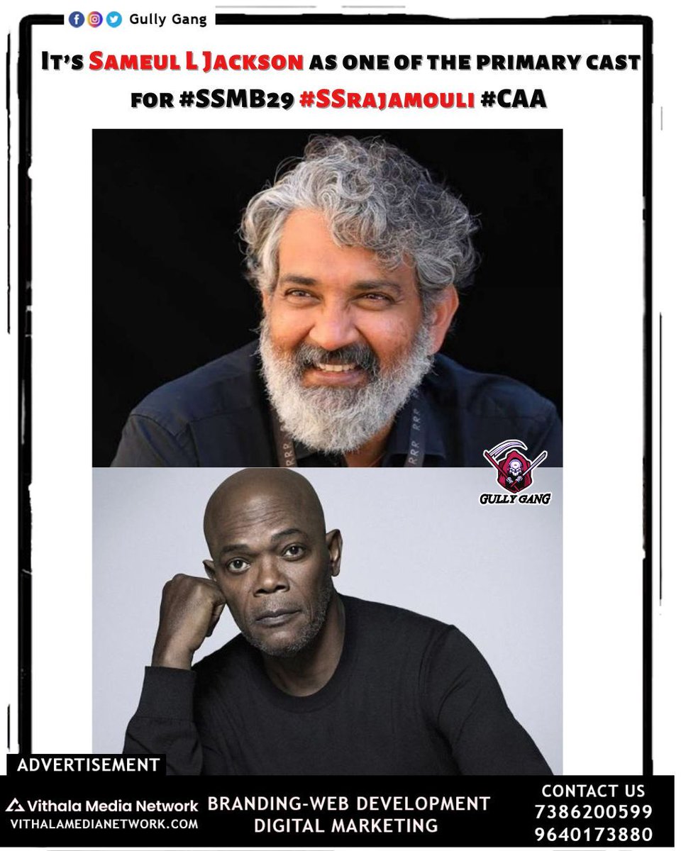 GullyGangT20's tweet photo. It’s Sameul L Jackson as one of the primary cast for #SSMB29 #SSrajamouli #CAA 🔥💥
.
.
#SSRajamouli #SamuelLJackson #CAA #SSMB29 #gullygang #gullygangt20 #primarycast #actor #director #america #tollywood #cinema #movie https://t.co/NeZEM7uDqS
