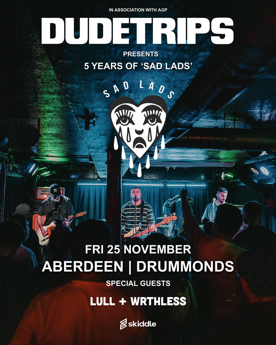 Celebrating 5 years of ‘Sad Lads’. We will be returning to Aberdeen to play it in full, along with all the other favourites.

We will also be joined by our friends <a href="/LULLmusicuk/">LULL</a> &amp; <a href="/WRTHLESSmusic/">WRTHLESS</a> 

Act fast emo’s. Tickets on sale now x

📸 by @jenxmcanally 

skiddle.com/e/36180438