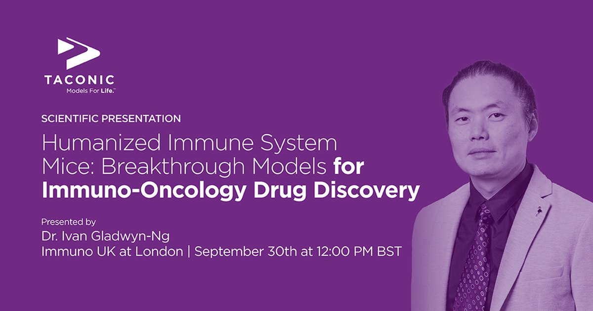 Taconic's tweet image. Join us at #ImmunoUK in #London! Dr. Ivan Gladwyn-Ng will explore the critical role of humanized murine models in #immunotherapy and different approaches to human cell engraftment.
Can't make it? Visit us at booth #2 or schedule a meeting: bit.ly/3Dr72bD