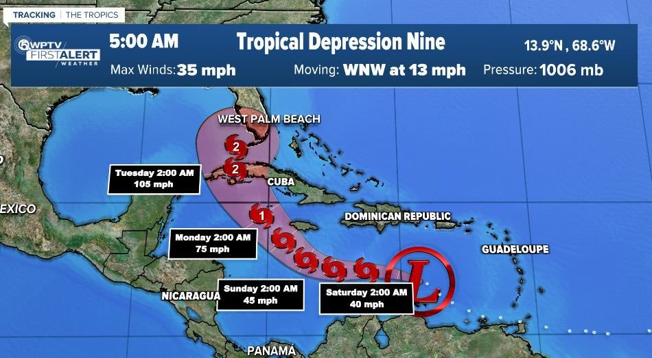 Tropical Depression Nine has formed and is forecast to become a hurricane in the next five days. All of South Florida is now in the error cone and should monitor it closely through the weekend. @WPTV #hermine #flwx