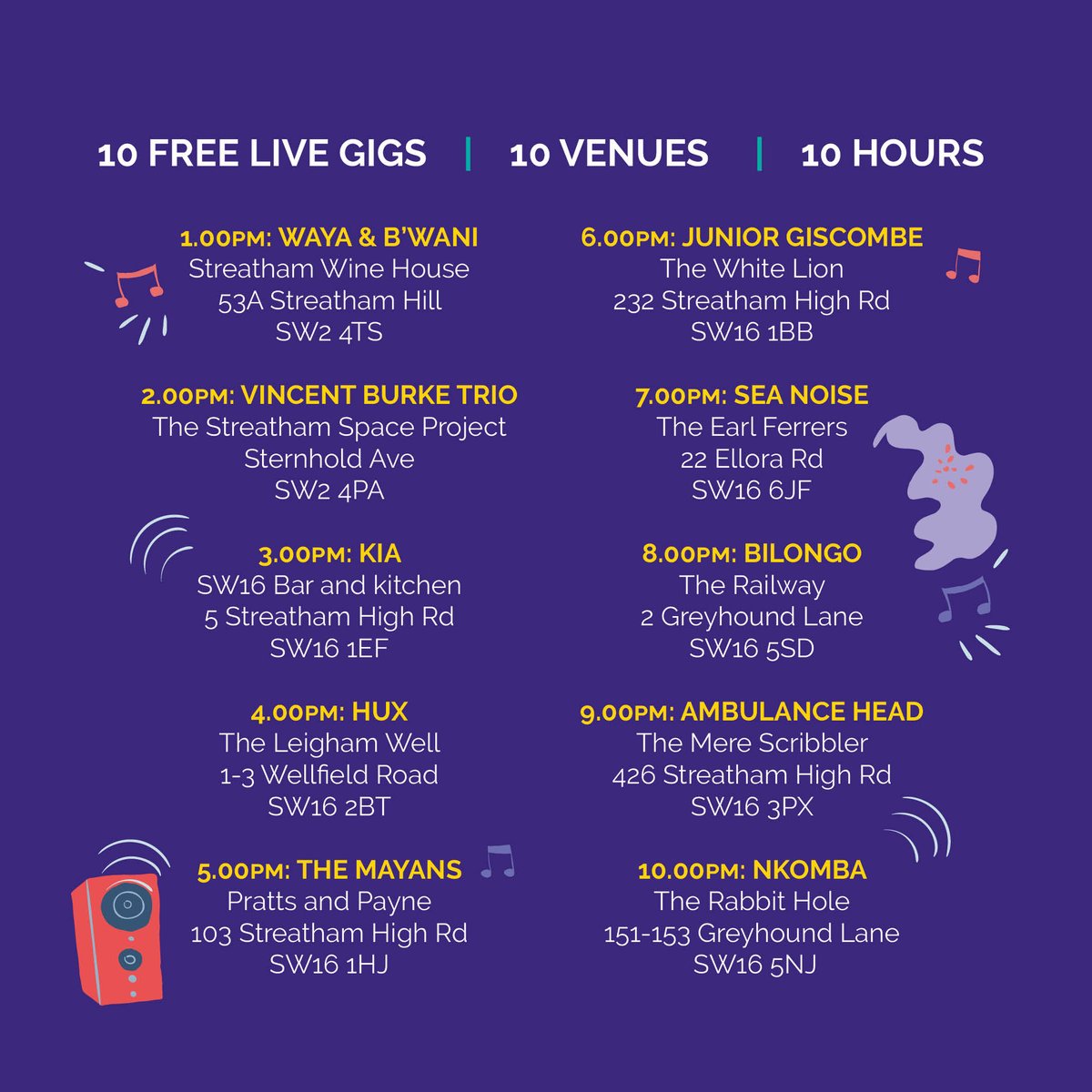 Reckon you can manage all 10 #StreathamStrut gigs? Come for one or come for them all, it'll be a day and night to remember. Save this pocket guide to your phone and support your local arts scene and help keep #livemusic alive.
#Streatham #southlondon  #streatfest