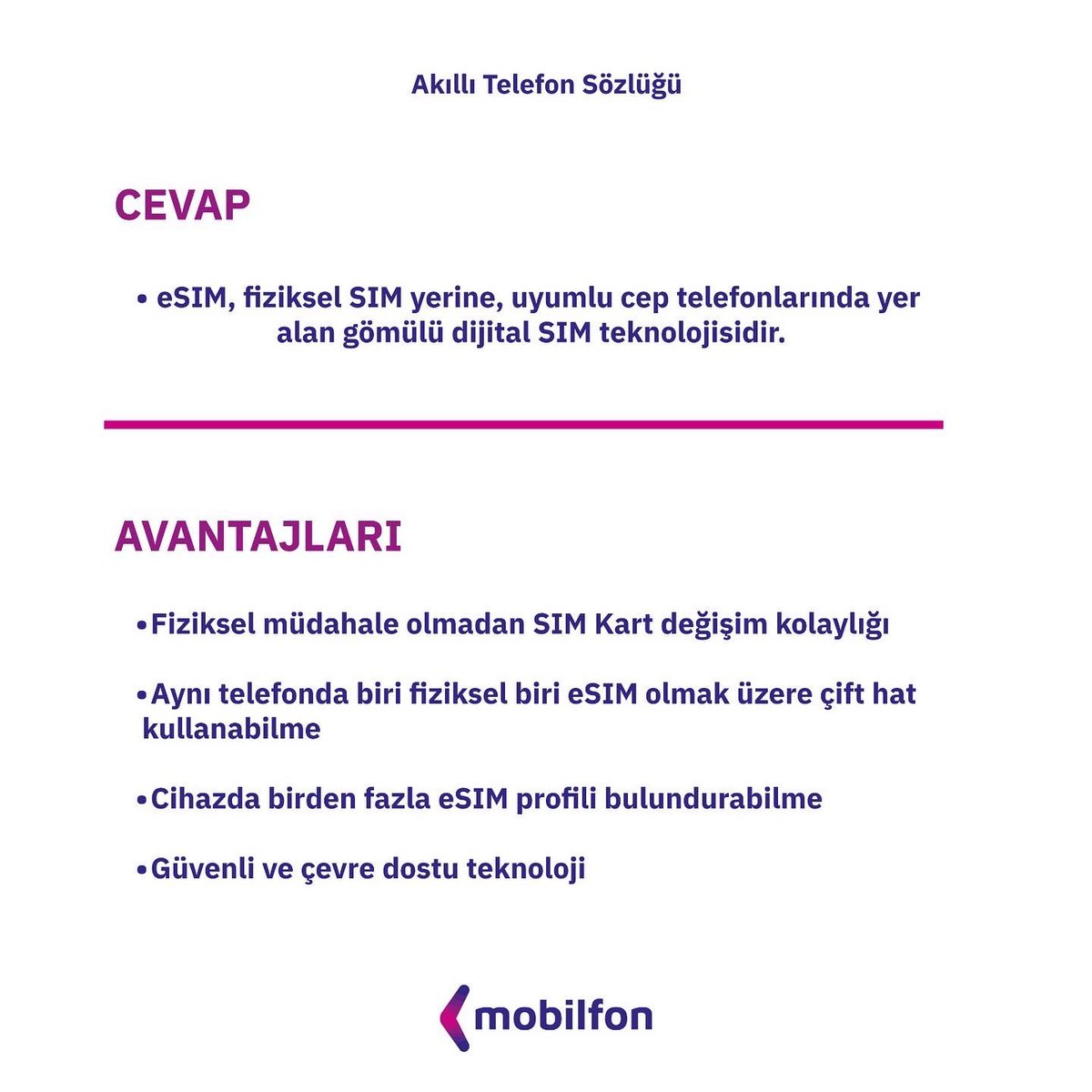mobilfonTR's tweet photo. eSim nedir?
Fiziksel SİM yerine, uyumlu cep telefonlarında yer alan gömülü dijital SİM teknolojisidir.
#telefon #ikinciel #akillitelefon #mobilfon #smartphone https://t.co/8cjf8n7ymV