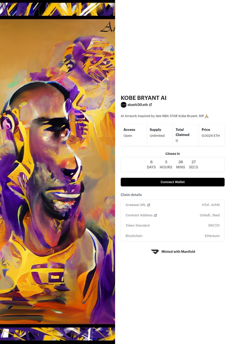 🚨AI ART MINT🚨

🔥 Name: Kobe24 🔥

🔥🔥 Price: 0.0024 🔥🔥

Max.5 per wallet

Link:
app.manifold.xyz/c/kobe24
