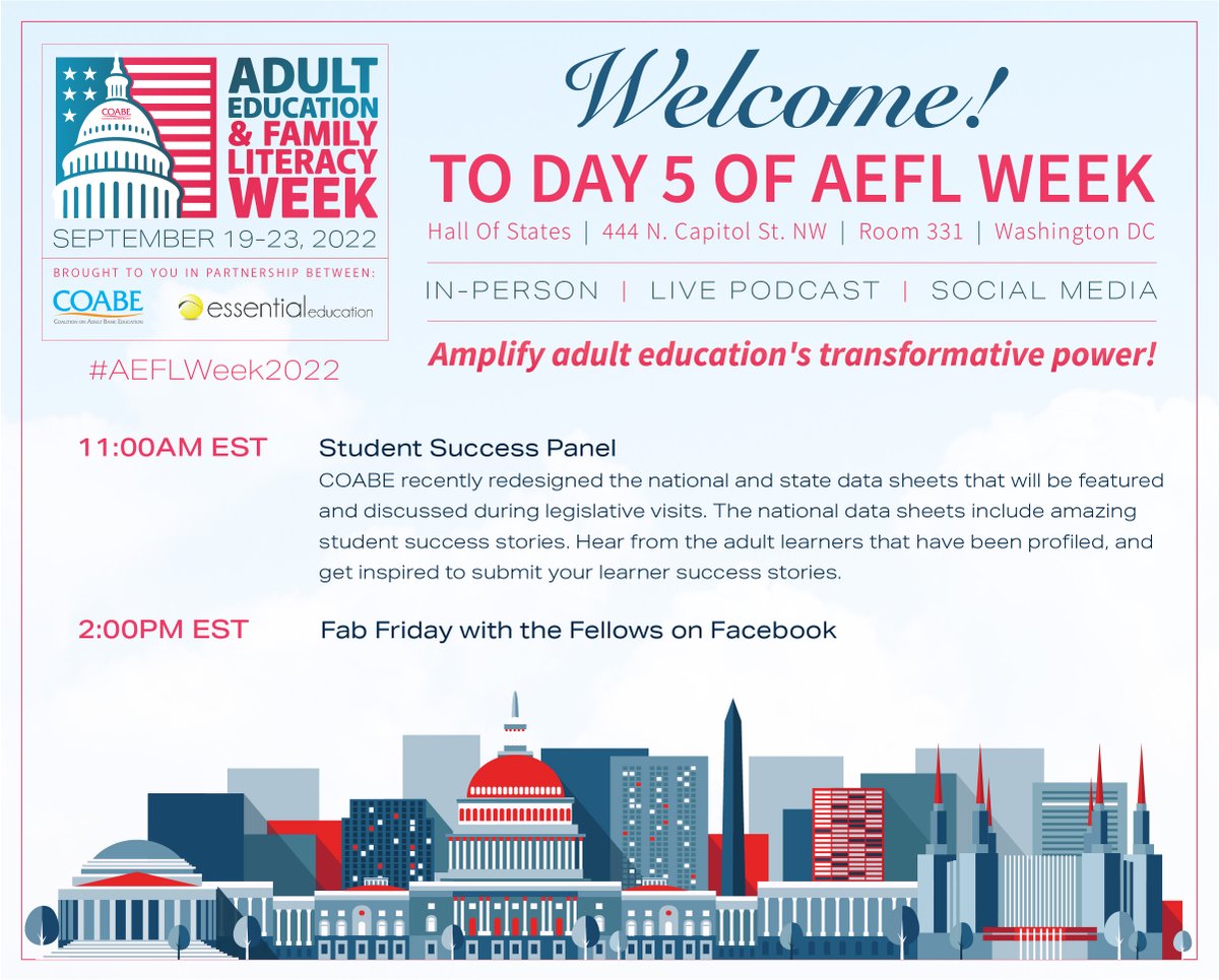 Today is the final day of #AEFLWeek2022 and we have some great sessions for you to attend!

Student Success Panel at 11:00AM EST: us02web.zoom.us/j/87556434505

Fab Friday with the Fellows on Facebook at 2:00PM EST: us02web.zoom.us/j/85906467117

<a href="/CeoCoabe/">COABE CEO</a> <a href="/EssentialEd/">Essential Education</a>