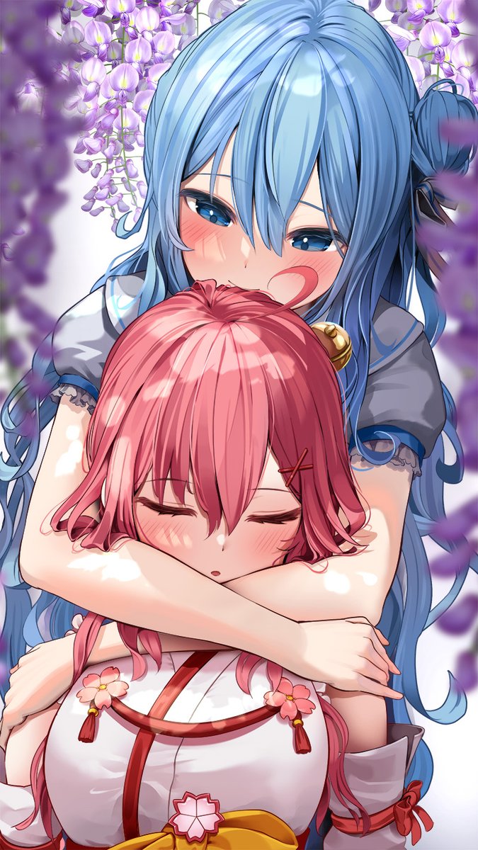 hoshimachi suisei ,sakura miko multiple girls 2girls blue hair pink hair blue eyes hug from behind hug  illustration images