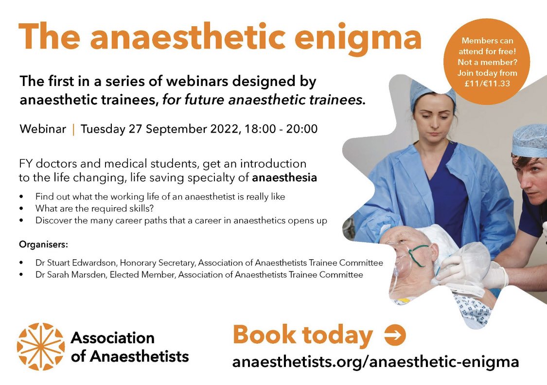 Anaes_Residents's tweet photo. Are you an FY doctor or medical student that wants to know more about the life changing speciality that is anaesthesia? Then this is the event for you!

A webinar designed by trainees, for future trainees. 

🗓 27/9
⏰ 18:00-20:00
👉 https://t.co/sej00HjLZG https://t.co/VP8etCklWV