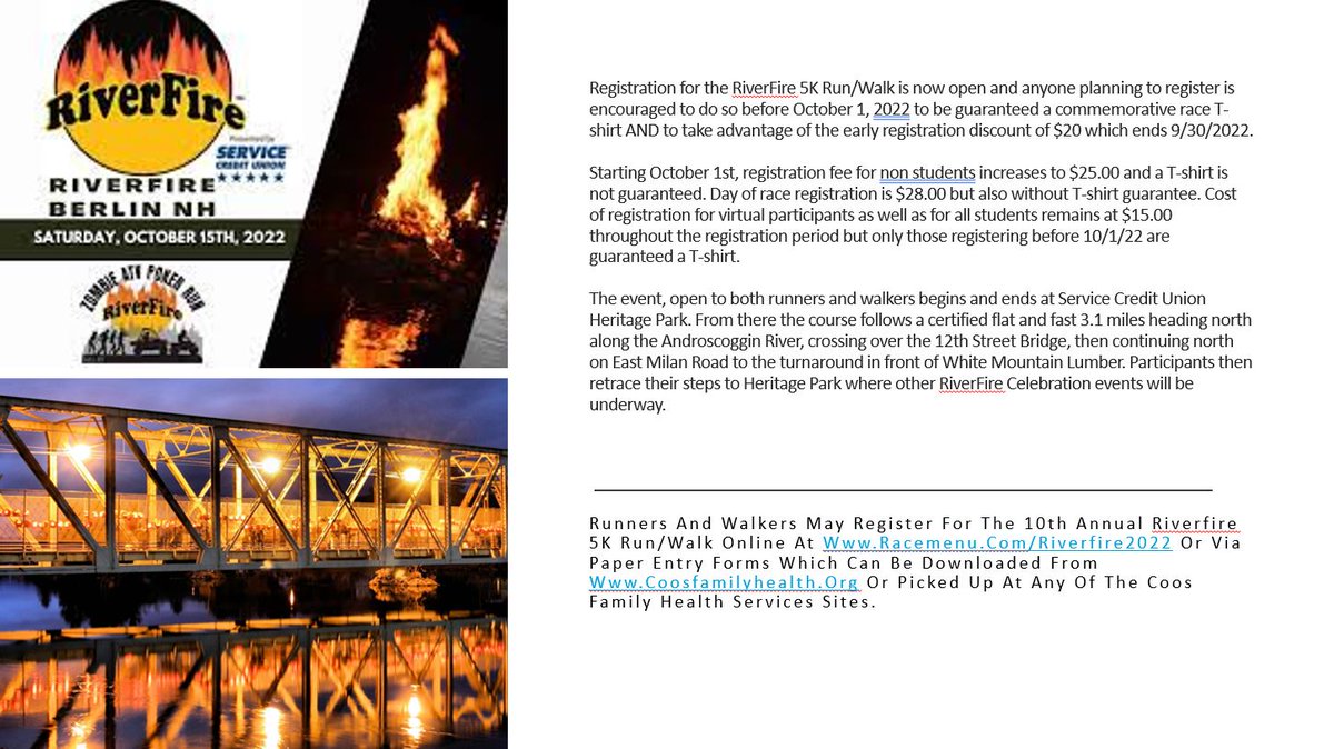 CCFHS_ORG's tweet photo. Registration for the RiverFire 5K Run/Walk is now open. https://t.co/Zte8Hq5Qfu
