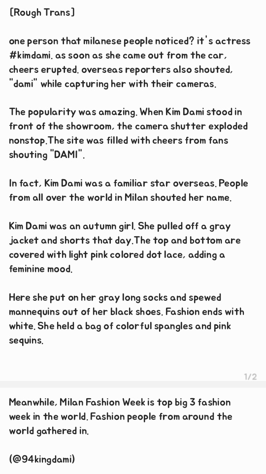 94KINGDAMI's tweet photo. 220923 — 📰 this article is interesting 

"one person that milanese people noticed? it's actress #kimdami. as soon as she came out from the car, cheers erupted. overseas reporters also shouted, "dami" while capturing with cameras.

kim dami, the autumn girl of #MilanoFashionWeek https://t.co/iBCpRUxGJI