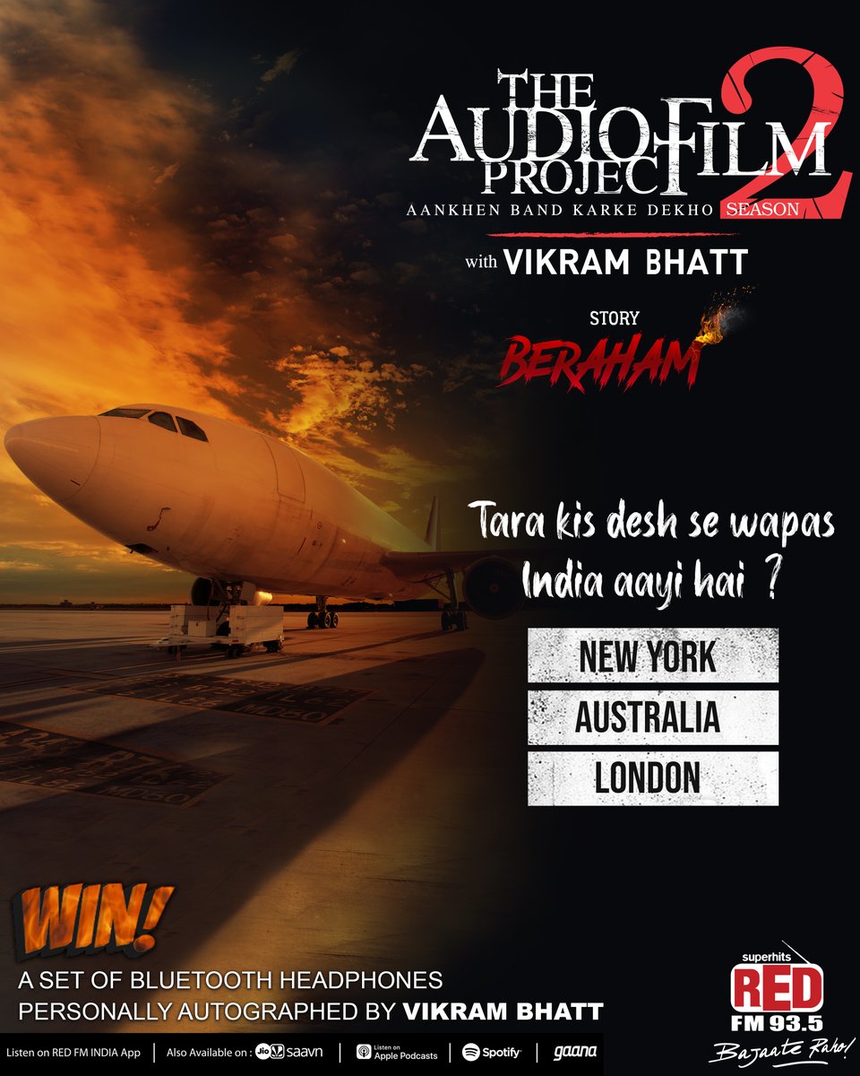 RedFMIndia's tweet photo. Are you in it to win it? Just answer this simple question and you can win a cool pair of bluetooth headphones, personally autographed by director Vikram Bhatt!
#ContestAlert #audiofilmproject #thriller #mystery #suspense #vikrambhatt @TheVikramBhatt @nisha_narayanan https://t.co/tLFqiS4A9K