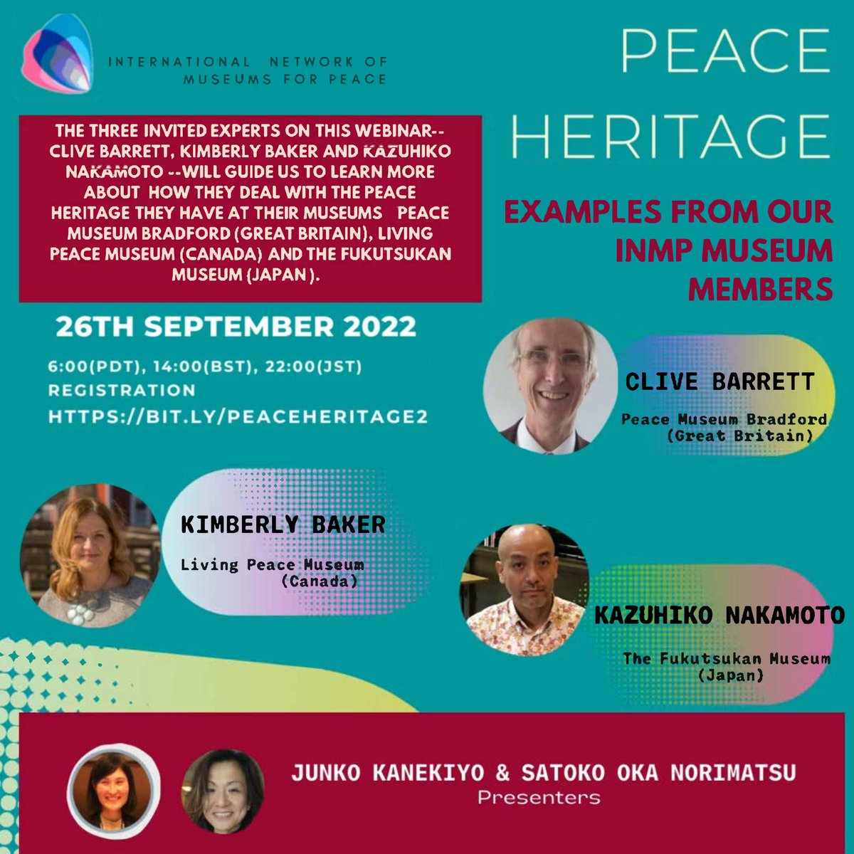 平和のための博物館世界ネットワーク（INMP）公開ウェビナー。日本時間９月２６日午後１０時。「ピース・ヘリテージ：INMPメンバーの実践例」申込はbit.ly/PeaceHeritage2　英国、カナダ、沖縄は「不屈館」からの報告。