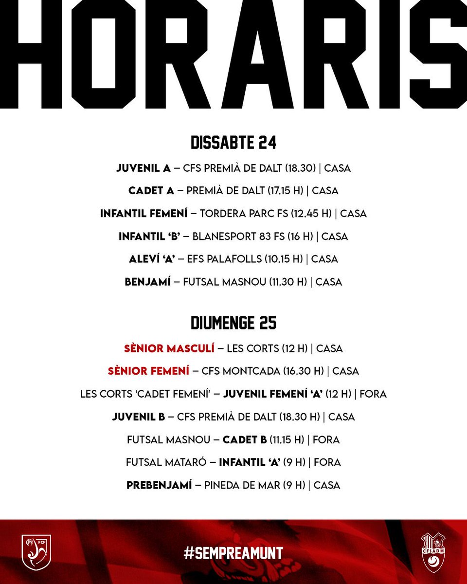 P A R T I T S  D E L  C A P  D E  S E T M A N A

⚔️ 13 

🏟️ 10

🚗 3

Quin aniràs a veure?

👉 Diumenge partit del sènior masculí i femení.

#SempreAmunt