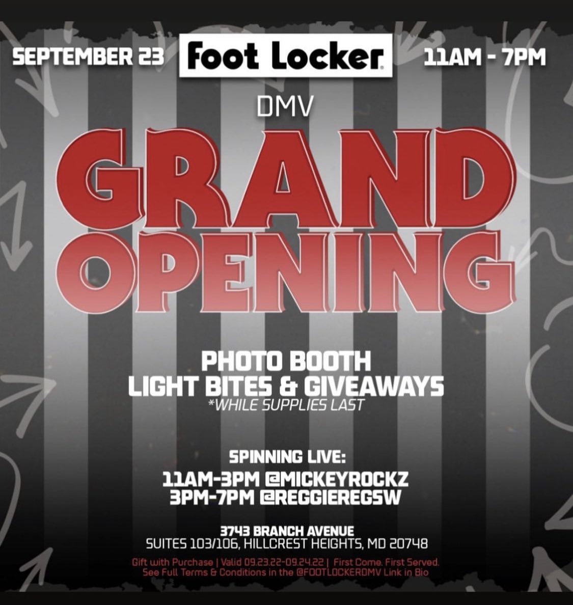 ReggieRegSW's tweet photo. Join us for Day 1 of our Grand Opening activation for our Foot Locker Iverson Community store location! We have so much planned for everyone + giveaways that you don't want to miss out on.
Come by and celebrate with us! #footlockerdmv https://t.co/sOpmBZz1S6