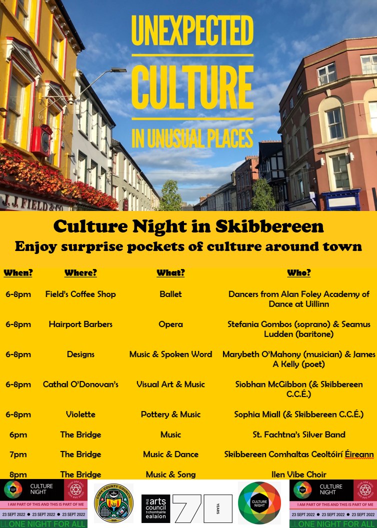 Come on out to Culture Night and stroll through Skibbereen this evening Friday 23rd Sept for some lovely surprises. Everything is family-friendly, fully accessible and FREE! Town will be buzzing! <a href="/westcorkhotel/">West Cork Hotel</a> @LudgateIreland
<a href="/florNEWS/">Flor MacCarthy🇺🇦🇵🇸</a> <a href="/Spearline_/">Spearline</a>