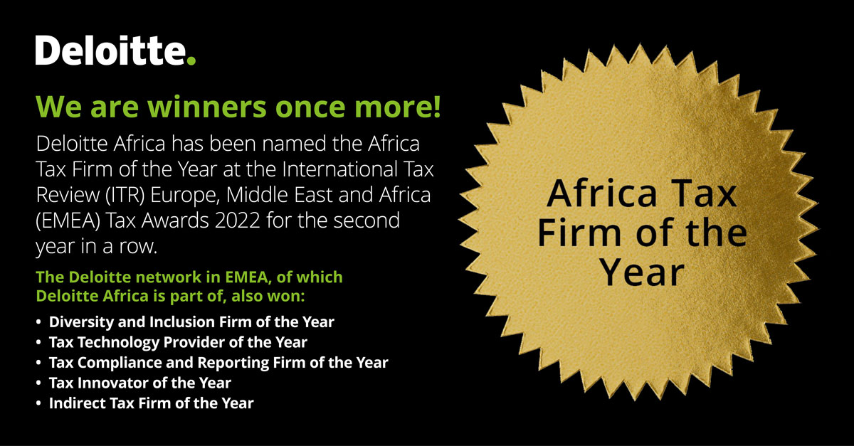 DeloitteSA's tweet image. 📣 #DeloitteAfrica returns an impressive haul at the 2022 @IntlTaxReview EMEA Tax Awards. Read more here 👉 deloi.tt/3R1HIvJ. #Tax #Excellence