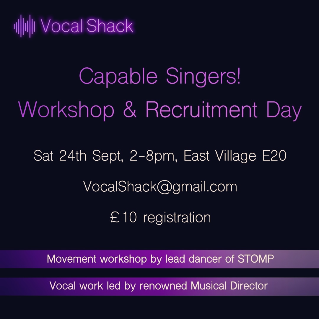VocalShack (@vocalshack) on Twitter photo Capable Singers!
We're recruiting! Sat 24th Sep, movement & vocal session to see what it would be like working with us.
2pm Quick vocal kick off
2.30 Choreographer: <a href="/omarimotion/">Omari Carter</a> ( <a href="/StompLDN/">STOMP London</a> )
5pm Vocals: <a href="/NavArlesMusic/">Naveen Arles BCA FRSA</a>
E20
ÂŁ10 Registration; book by emailing vocalshack@gmail.com Capable Singers!
We're recruiting! Sat 24th Sep, movement & vocal session to see what it would be like working with us.
2pm Quick vocal kick off
2.30 Choreographer: <a href="/omarimotion/">Omari Carter</a> ( <a href="/StompLDN/">STOMP London</a> )
5pm Vocals: <a href="/NavArlesMusic/">Naveen Arles BCA FRSA</a>
E20
ÂŁ10 Registration; book by emailing vocalshack@gmail.com