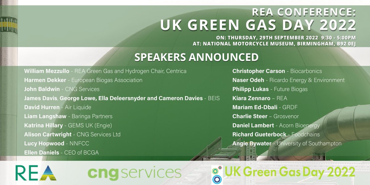 🗣️ Speakers Announced! 🗣️

📢 We are delighted to announce these brilliant speakers for Green Gas Day! Who are you excited to see?

Join us in Birmingham on 29th September and book your place here: 
r-e-a.net/events/uk-gree…  

#GGD2022