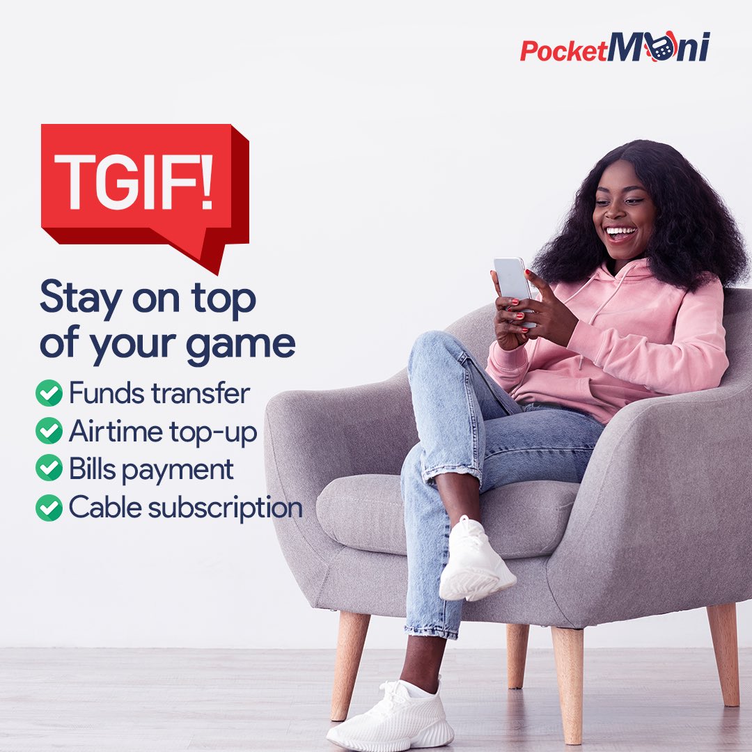 GetPocketMoni's tweet photo. Itβs always fun when you know PocketMoni got your weekend.
.
Download the mobile app or dial *389# to enjoy!
.
.
#tgif #fridayvibes #fridaymood #fundstransfer #airtimetopup #cashwithdrawal #cablesubscription #pocketmoni https://t.co/sM7bhKMOrh