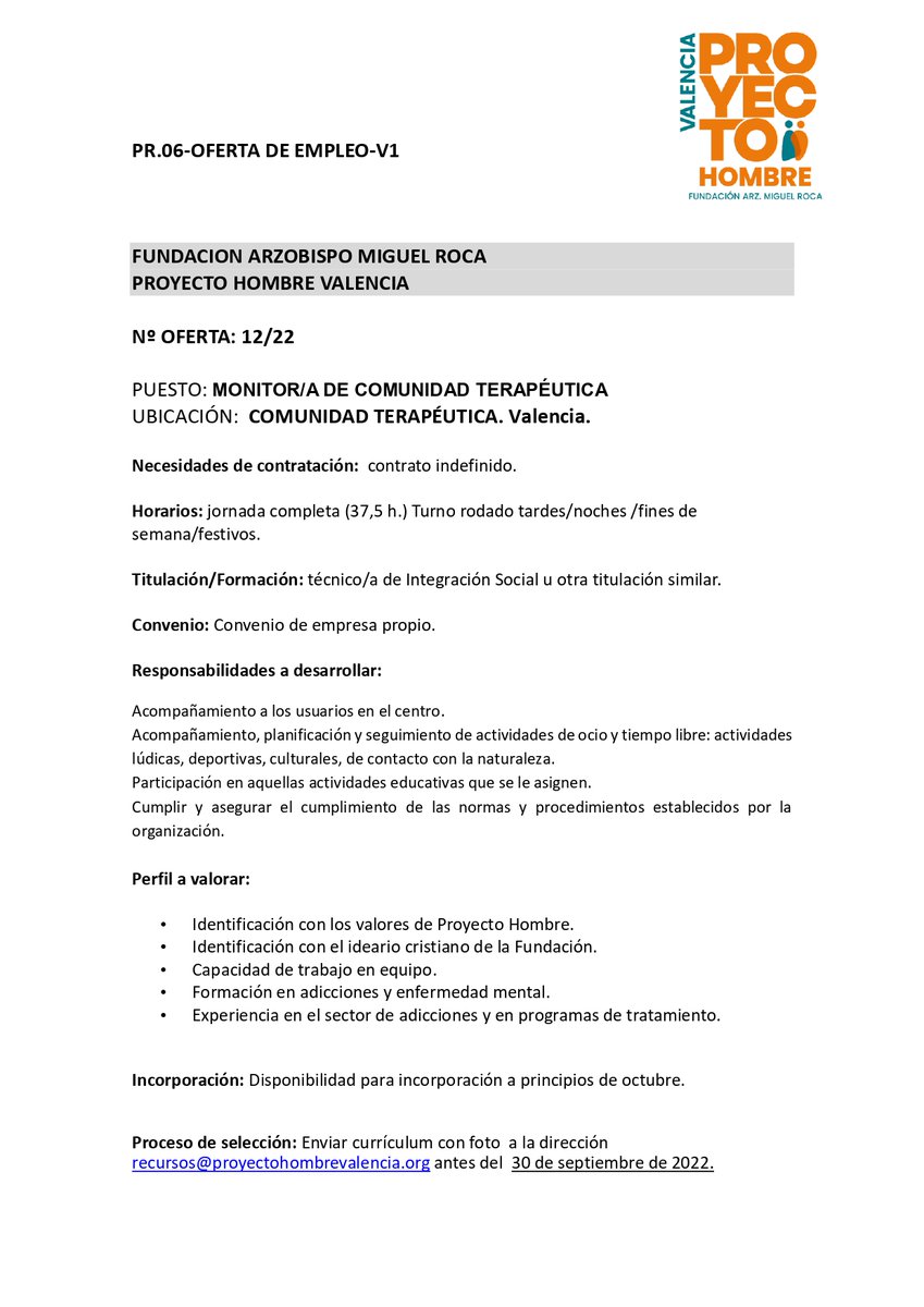 Phombrevalencia's tweet photo. Nova Oferta de Treball!!!📢 https://t.co/37t0gJ1iWa