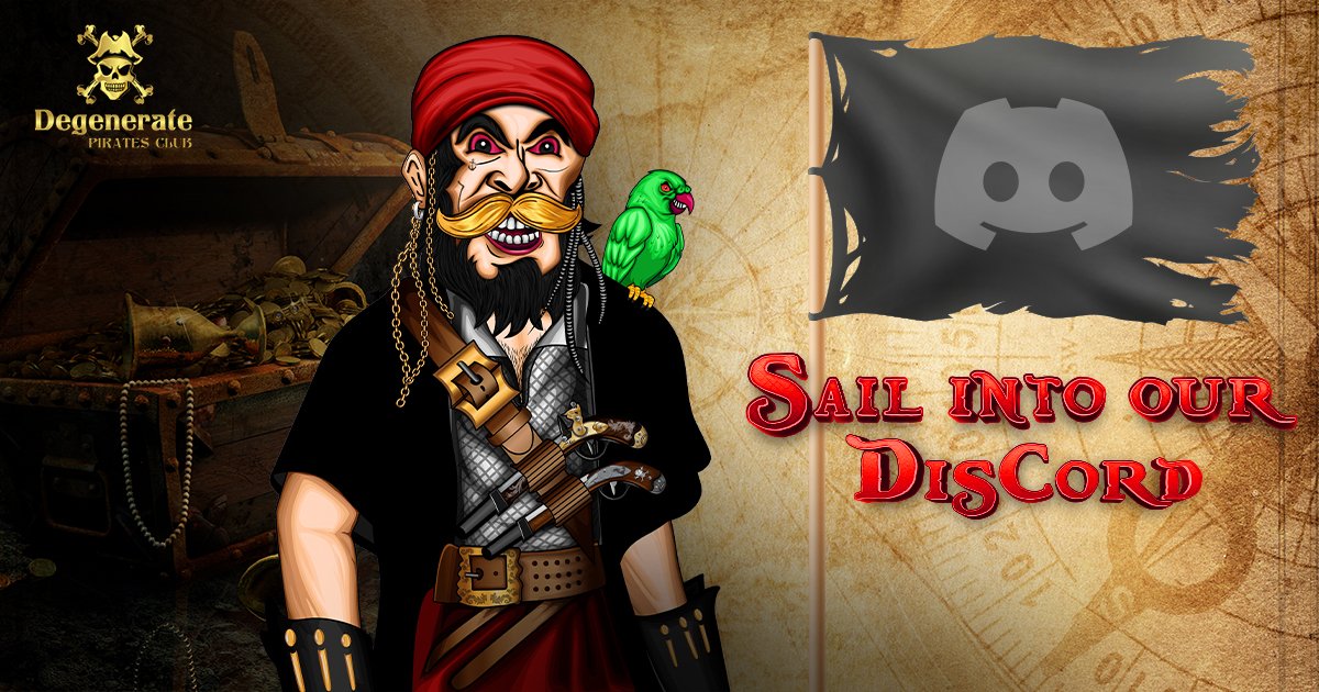DGPirateClub's tweet photo. Aye, Landlubbers!
Sailin’ into our Discord is the first way to get closer to our Degenerate Pirate Club community.
More exciting rewards and exclusive contests are on their way. Join right away!

https://t.co/chK5dVaByI
https://t.co/iS0mGPlpV4

#nft #NFTCommunity #Blockchain https://t.co/Y7jzKtZ0P5