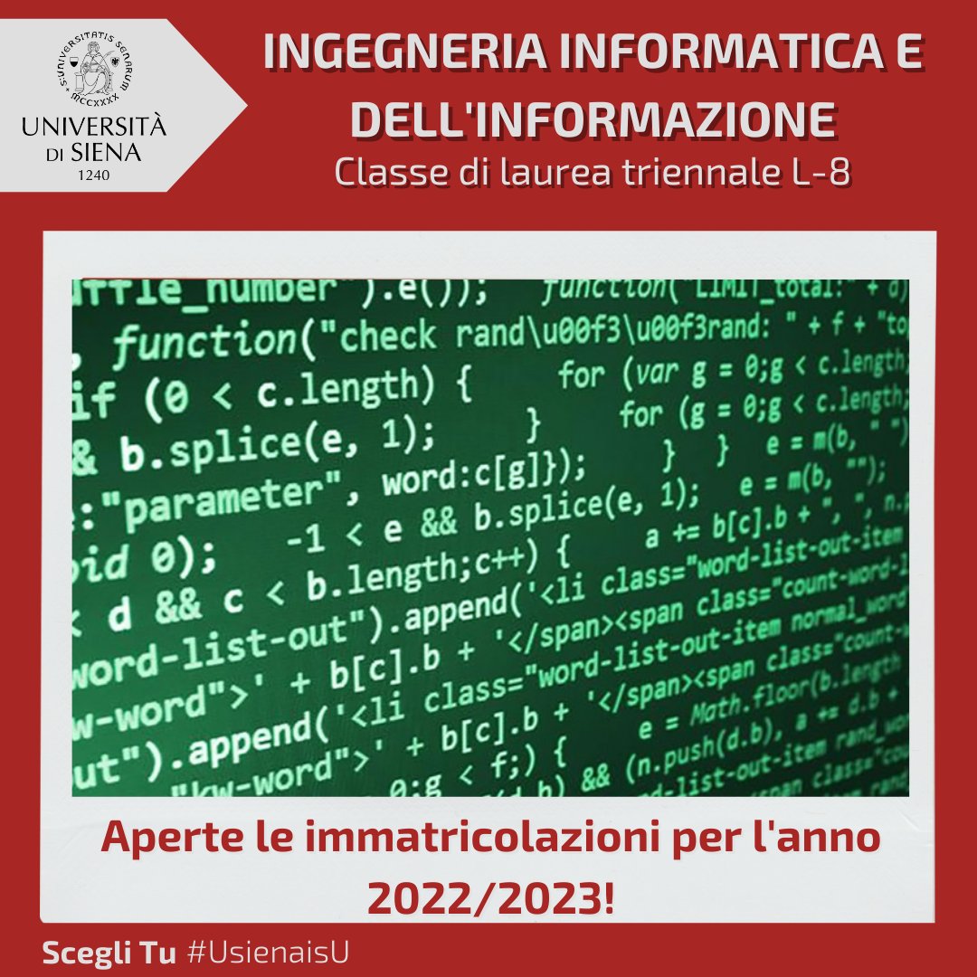 unisiena's tweet image. 📣#Ingegneriainformatica e dell&apos;informazione: aperte le #immatricolazioni per l&apos;anno accademico 2022-2023!
Scopri gli obiettivi formativi, gli insegnamenti e le attività formative, gli sbocchi professionali:
👉 bit.ly/3xNWxLD
#USienaisU
#Università #Siena