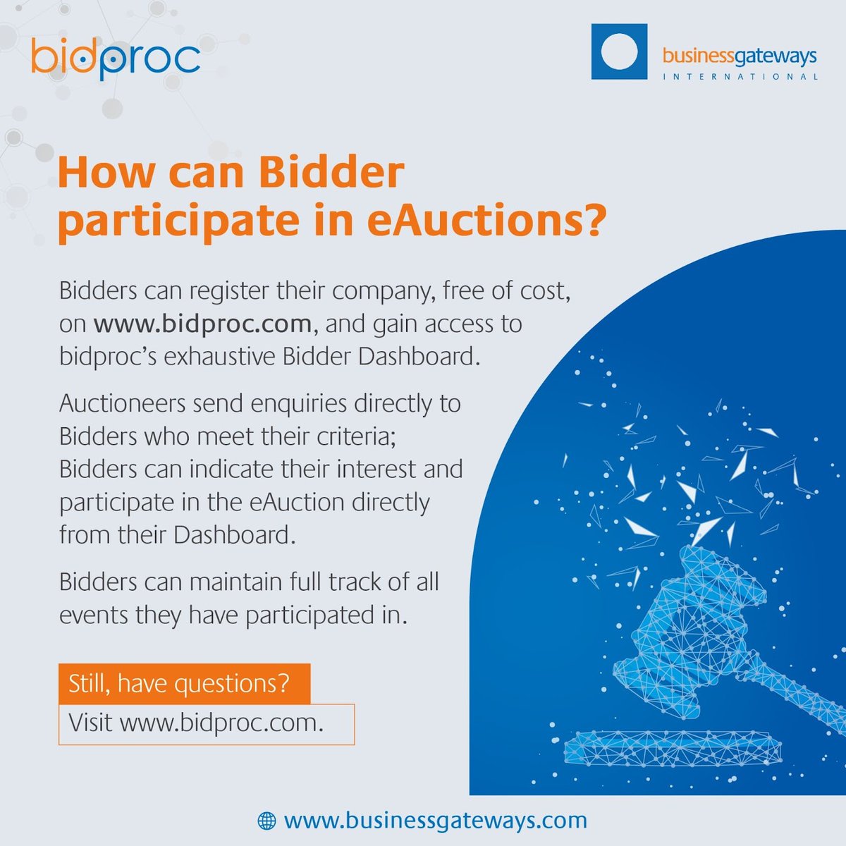 BGIinsights's tweet photo. A Bidder's participation in the eAuction is subject to the Bidder meeting all criteria laid down by the Auctioneer and obtaining final approval by the Auctioneer.
Visit https://t.co/VlJLr6oCUy
#businessgatewaysinternational #BGIinsights #bidproc #eauction #etendering https://t.co/ce9zvBp8Ed