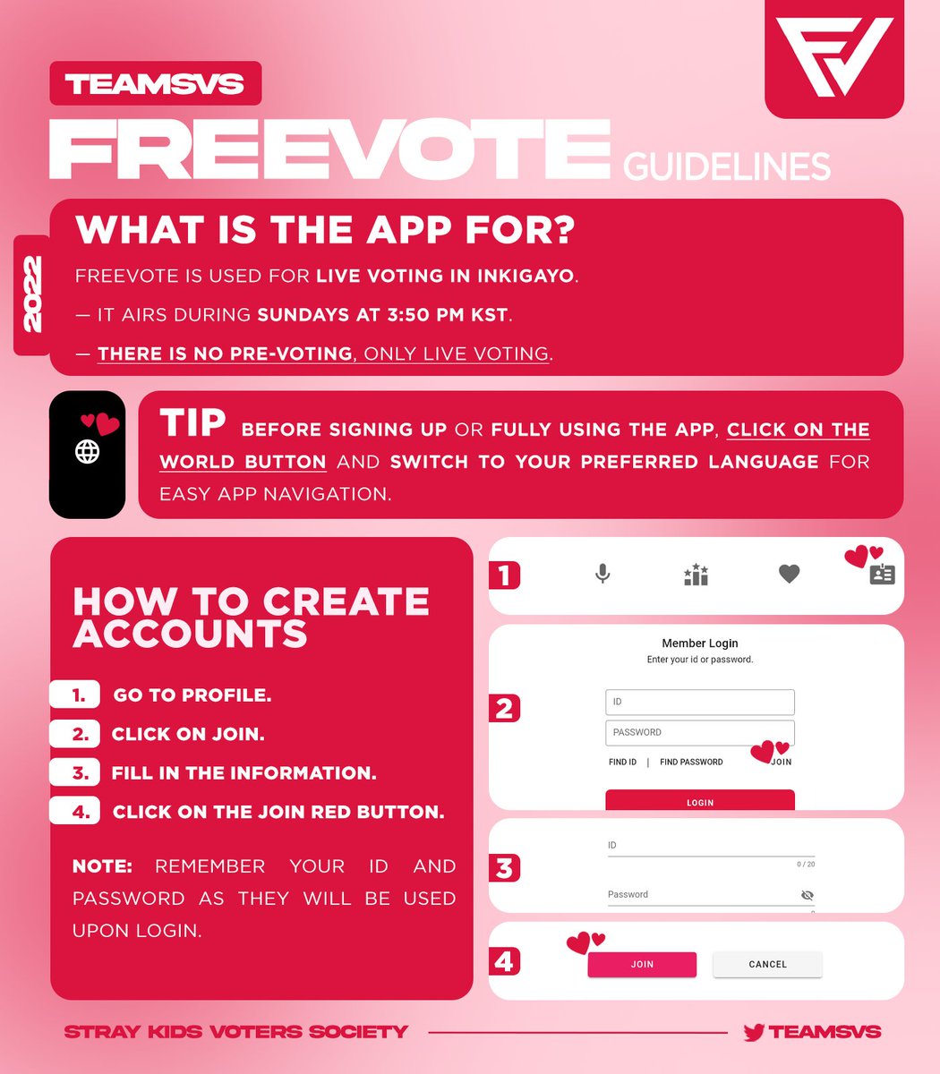 TeamSVS's tweet photo. [📍] FREEVOTE TUTORIAL
(As of 09.23.22)

This will be used for Inkigayo live voting (Sundays 3:50PM KST)

📌Create accounts.
📌Collect hearts in advance.

🔗Download:
> Android : https://t.co/93EKFUZDU8
> iOS : https://t.co/GzM4TVZDlt

#StrayKids @Stray_Kids #MAXIDENT
(1/2) https://t.co/9xoH4Mf3T2