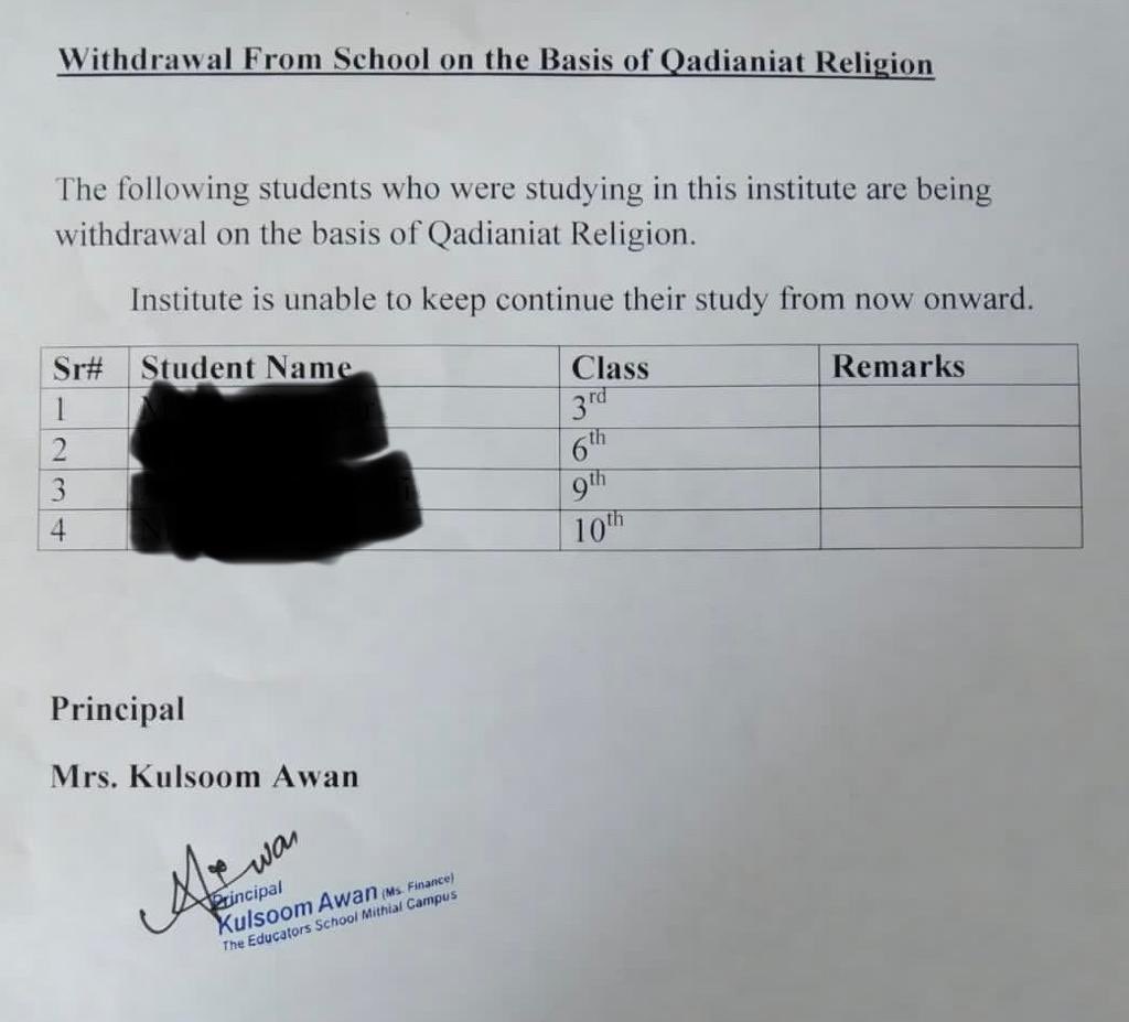 SaleemudDinAA's tweet image. 4 Ahmadi students from The Educators Mithial campus in Attock were removed.
Their crime as written below is being an Ahmadi.
This is one of the so called leading educational institution in Pakistan by @BSSWorldwide
What an individuals faith has to do with education?