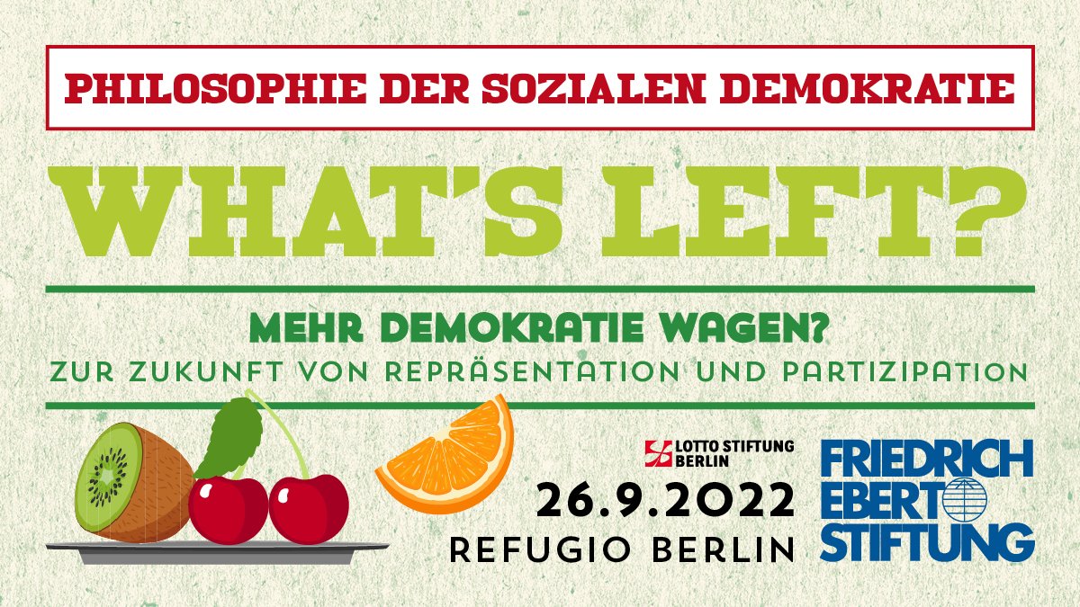 Friedrich-Ebert-Stiftung (@fesonline) on Twitter photo Willy Brandt wollte 1969 mehr Demokratie wagen. Und heute?
<a href="/helgelindh/">Helge Lindh</a>, Prof. A. Vetter & <a href="/J_Baruck/">Juliane Baruck</a> diskutieren, wie sich das sozialdemokr. Versprechen gleicher politischer Teilhabe in die Zukunft tragen lässt.
🗓️ 26.9.22
🌍 Refugio Berlin
Seid dabei: fes.de/whatsleft Willy Brandt wollte 1969 mehr Demokratie wagen. Und heute?
<a href="/helgelindh/">Helge Lindh</a>, Prof. A. Vetter & <a href="/J_Baruck/">Juliane Baruck</a> diskutieren, wie sich das sozialdemokr. Versprechen gleicher politischer Teilhabe in die Zukunft tragen lässt.
🗓️ 26.9.22
🌍 Refugio Berlin
Seid dabei: fes.de/whatsleft