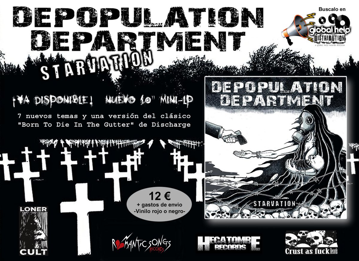 GlobalHelpDist's tweet photo. ¡¡Prometemos un Otoño muy intenso!!

Para comenzar ya tenemos disponible el nuevo trabajo de la banda madrileña de Crust Punk, Depopulation Department.

"Starvation" es una bomba incendiaria con 7 nuevos temas y una versión del clásico "Born To Die In The Gutter" de Discharge. https://t.co/rrneQ8V30G