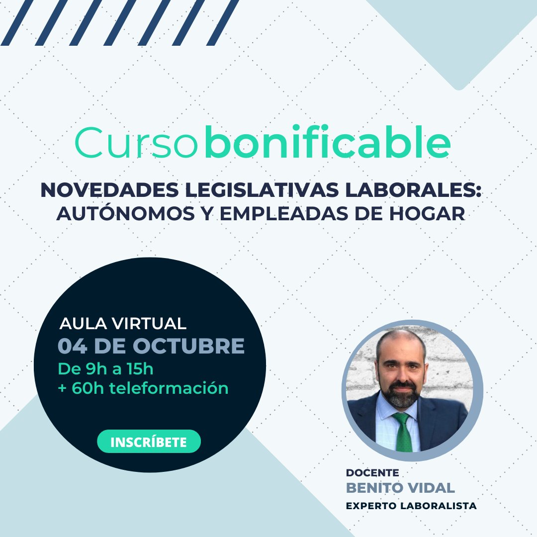 aibe_group's tweet photo. Curso Bonificable:
𝗡𝗼𝘃𝗲𝗱𝗮𝗱𝗲𝘀 𝗟𝗮𝗯𝗼𝗿𝗮𝗹𝗲𝘀: 𝗔𝘂𝘁ó𝗻𝗼𝗺𝗼𝘀 𝘆 𝗘𝗺𝗽𝗹𝗲𝗮𝗱𝗮𝘀 𝗱𝗲𝗹 𝗛𝗼𝗴𝗮𝗿

Reserva 
661 90 76 20
informacion@aibegroup.com

#cursobonificado #novedadeslaboral #laboral  #asesprialaboral #bonificado  #autonomos #empleadasdehogar #aibe https://t.co/NoPuUUTiWE