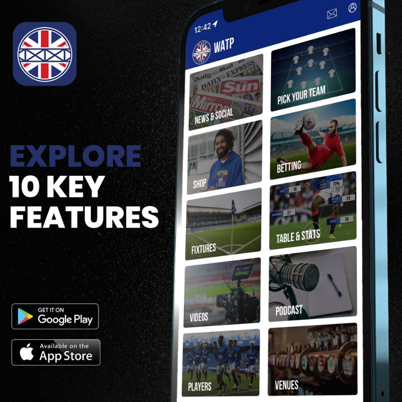 WATP_com's tweet photo. Check out the Explore page in our app with 🔟 easy-to-access features, including News, Table &amp; Stats, Podcasts and more! 🔵 #RangersFC