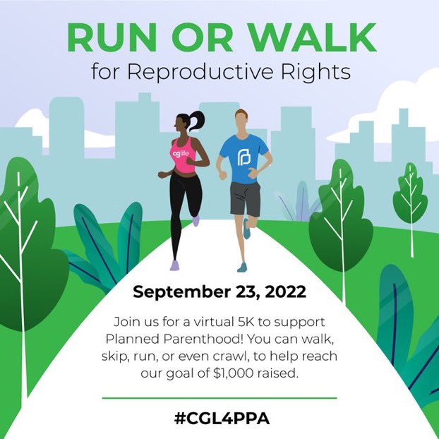 cglifeagency's tweet photo. Today’s the day! Join us for our virtual 5K in support of @PPFA! Snap a photo of you running, walking, biking, or however you’re choosing to move and be sure to use the hashtag #CGL4PPA.
Donations can be made here: https://t.co/vBGTPegIMU
We thank you for your support! https://t.co/GOmTM7KNDf