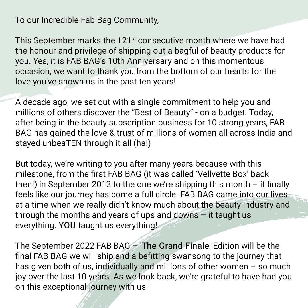 thefabbag's tweet photo. Fab Bag Community, you put the ‘good’ in goodbye! 👋🏻 (Swipe to read)

10 glorious years, a million reasons to smile;
You and I, we'll never go out of style! 🥰

Stay FAB, always!

#Farewell #FABBAGTurns10 #SigningOff #Goodbye https://t.co/IpzG3kcalg