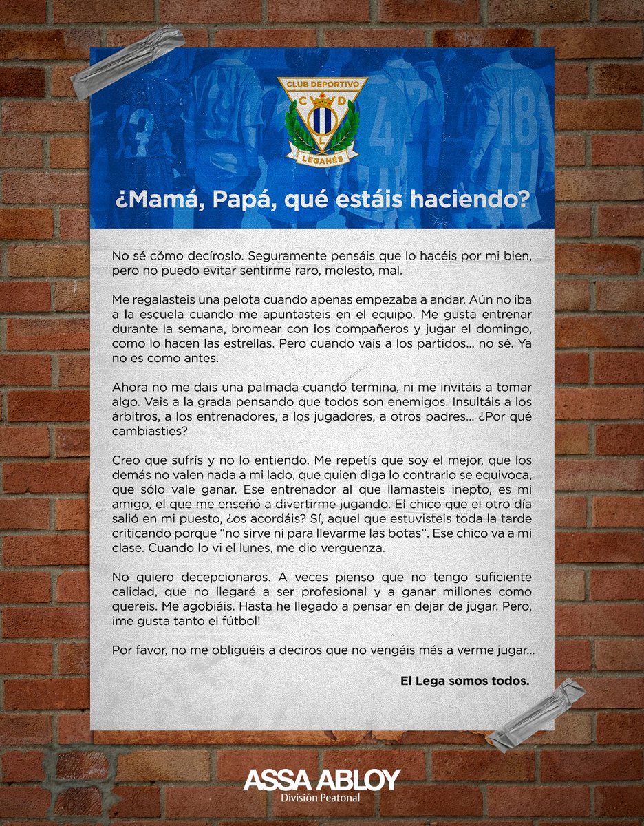 assaabloyentes's tweet photo. Este fin de semana muchos niños y niñas comienzan sus ligas y es un gran momento para recordar este texto del @CDLeganes 🤍💙
Padres y madres, por favor, recordad que el fútbol y otros deportes sirven principalmente para inculcar valores a nuestros hijos. 
¡Dejemos que disfruten! https://t.co/7TJnNKN62N