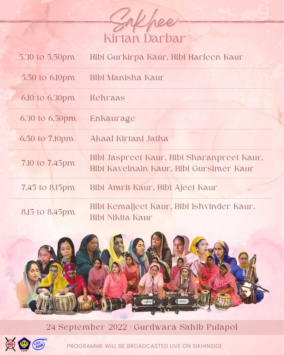 Sakhee Kirtan Darbar 🤍 
Come join us for some naam and baani with this blessed lineup of female talent 💕 We look forward to seeing all of you tomorrow, celebrating the sisterhood within our community!
Bring your family and friends along 🤍 #SakheeKirtanDarbar #enKAURage