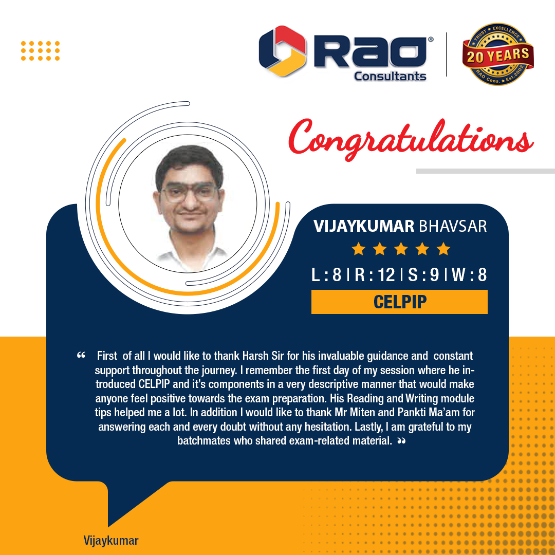 Rao_Consultants's tweet photo. Our student Vijaykumar Bhavsar shines through this wonderful achievement of acquiring his desired score in the CELPIP test.
π Visit https://t.co/Ca2hu4dbsf
#celpipcoaching #celpiptest #celpipexam #celpipprep #celpipcoachingcenter #raoconsultantsshilaj https://t.co/o1KCl5sg0Y