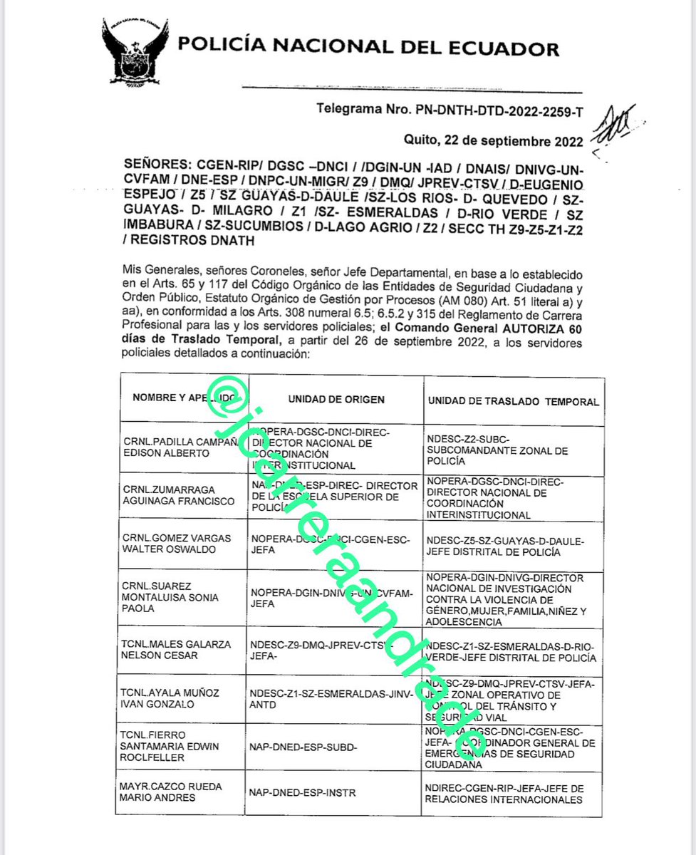 jcarreraandrade's tweet photo. Dieron pase a oficiales de Escuela Superior de Quito. Se van de Jefes a distintos sitios. Muchos piensan que parece que los premian antes que otra cosa después de lo de Belén Bernal que reveló fallas de seguridad y comportamiento en la escuela que dirigían. Vea eso. https://t.co/lys0RROL4S