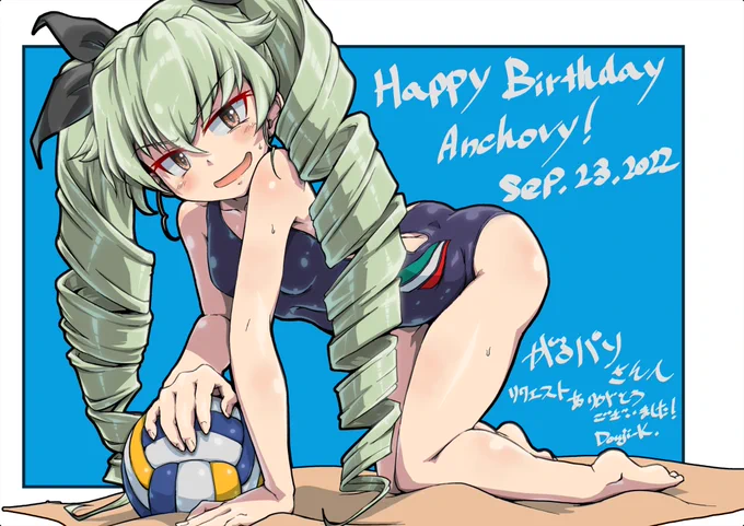 #アンチョビ生誕祭2022 #ガルパン #garupan #GuP先日、がるパソさん からのリクエストで描かせていただきました競泳水着ドゥーチェ!おめでとうアンチョビ! 