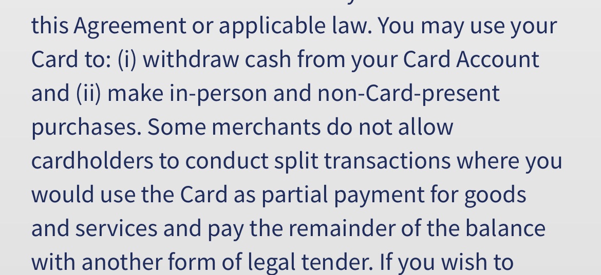 luvinmitwo's tweet photo. @GADHS So why does it state in the terms and conditions that “you may use your card to withdraw cash from your card account”? So y’all blocked us from getting cash because you want to micromanage what we use it for? These are the terms that we agreed to 🤔 https://t.co/9slGkF38pb