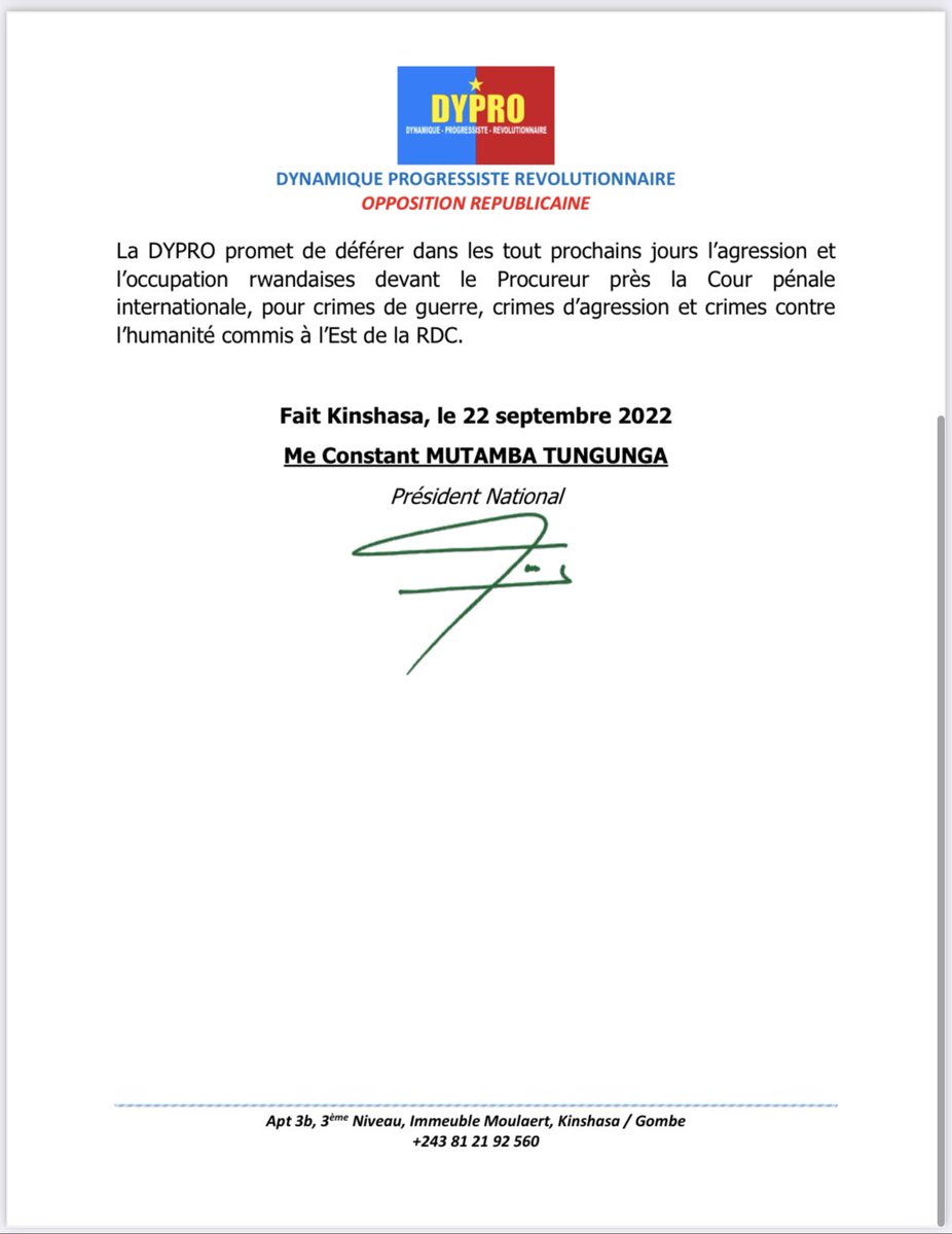 pascal_mulegwa's tweet image. La #DYPRO de @ConstantMutamba « promet de déférer dans les tout prochains jours l’agression et l’occupation rwandaises devant le Procureur près la Cour pénale internationale (CPI), pour crimes de guerre, crimes d’agression et crimes contre l’humanité commis à l’Est de la #RDC🇨🇩».
