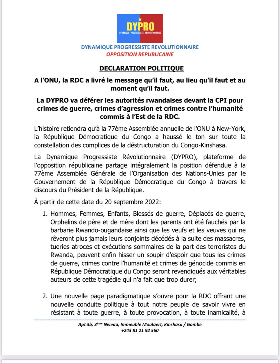pascal_mulegwa's tweet image. La #DYPRO de @ConstantMutamba « promet de déférer dans les tout prochains jours l’agression et l’occupation rwandaises devant le Procureur près la Cour pénale internationale (CPI), pour crimes de guerre, crimes d’agression et crimes contre l’humanité commis à l’Est de la #RDC🇨🇩».