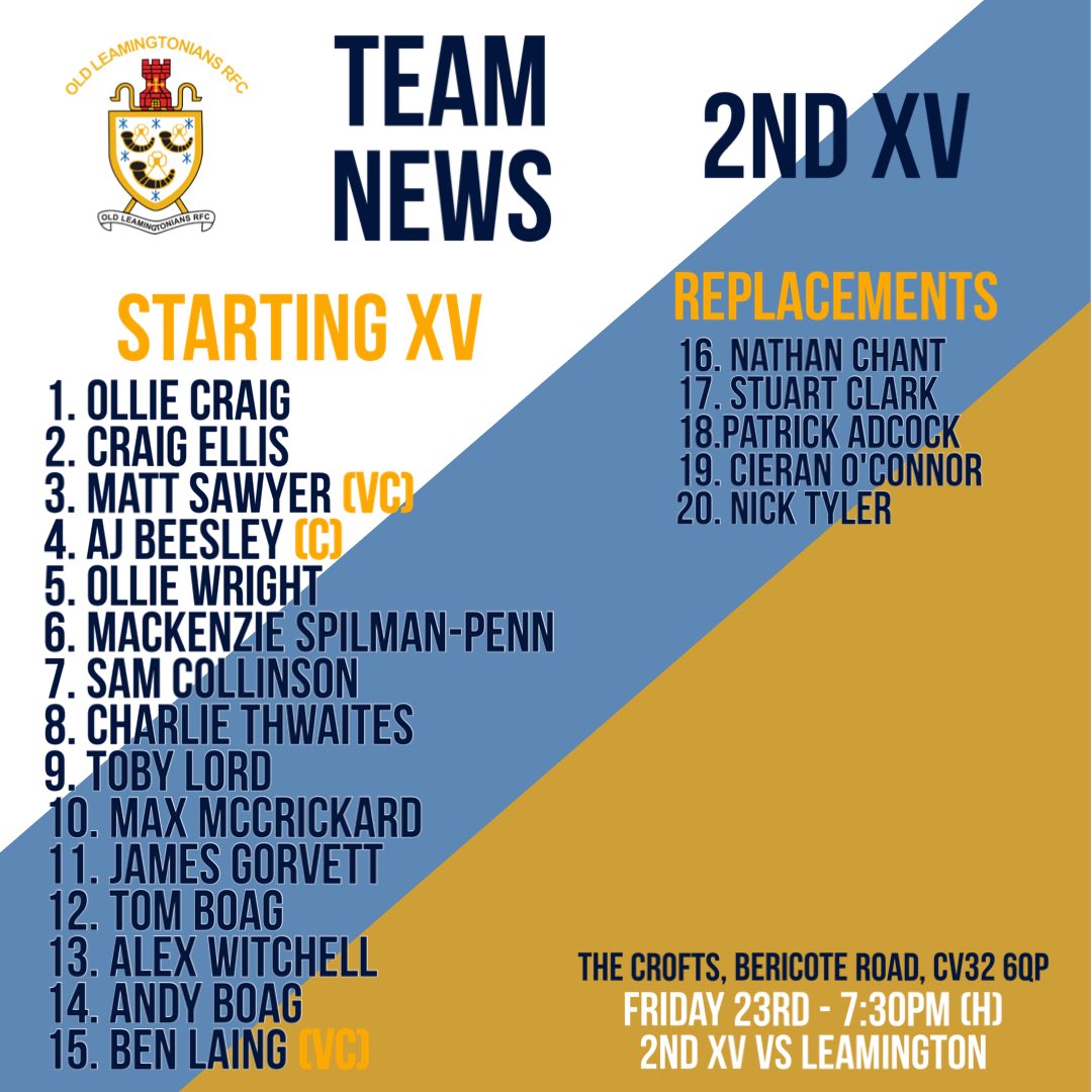 olrfc's tweet photo. Have a look at our 2nd XV Derby Weekend team 😍
Two games on a Friday night is the best way to kick off this big weekend 🎉🏉
#teamannouncement #goldandblue #olrfc #derbyweekend https://t.co/3cRKZyNpbU