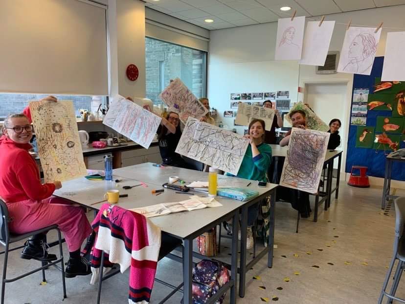 Q: What is the best form of stress relief? 
A: A morning workshop on Mark Making with <a href="/MrsLowArtDesign/">Mrs Low</a> 
Experimenting with emotional and physical responses as well as some great song choices!