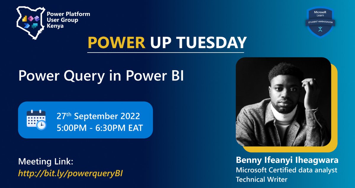PowerplatformKe's tweet image. Power query is a data connectivity and data preparation technology that enables end users to seamlessly import and reshape data from within a wide range of Microsoft products and where your data is stored⚡
@Bennykillua 
Don't miss this session !!
RSVP : meetup.com/ms-ambassadors…