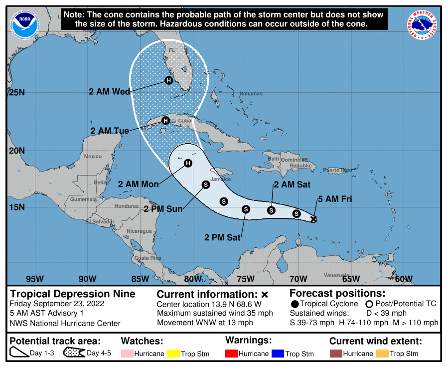 TemporadaCiclon's tweet photo. 🚨 BOLETÍN ESPECIAL 🚨

Se ha formado la Depresión Tropical #9 de la #TemporadaCiclonica2022.
#DepresionTropical9 se ubica al Sur lejano de la República Dominicana. Su Centro está localizado en el Mar Caribe. ATENCIÓN #Jamaica y Oeste de #Cuba. https://t.co/tbXkEMrNyN