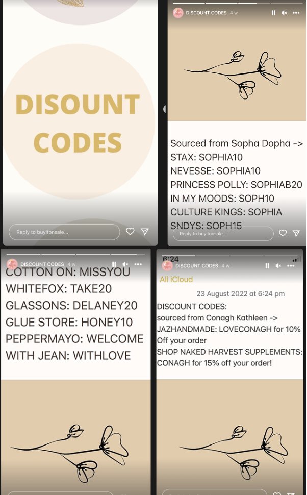 maddy_hammett's tweet photo. (3/3) We found highlights are a great place to keep discount codes, as you can constantly iterate, delete and add content, without disrupting the aesthetics of the feed. 
This is an example of the highlight reel I created to store discount codes. https://t.co/SJSQg6hbGJ