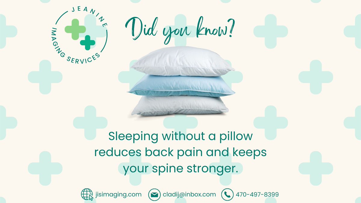 CDijuste's tweet image. If you've been sleeping on a pillow, but then find yourself waking up with a stiff neck or back pain, it may be time to try sleeping without one. #imagingservices #JIS